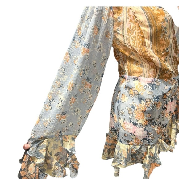 Free People Magic Hour Wrap Top Ruffled Pieced Design Wrap Around NWOT Side Tie - Picture 3 of 8